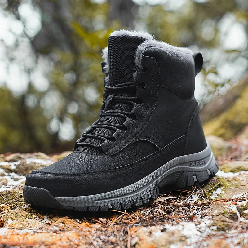 New Men's Hiking Boots Thickened Non-Slip Warm Flat High Top Boots Casual Winter Outdoor Leather Snow Boots Oversized Work Boots