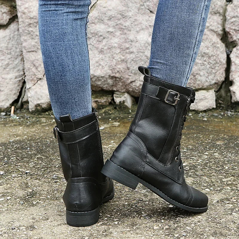 Women's Square Heels Ankle Booties Autumn Winter PU Leather Short Work Boots Woman Plus Size Lace Up Elastic Botas Mujer 2024