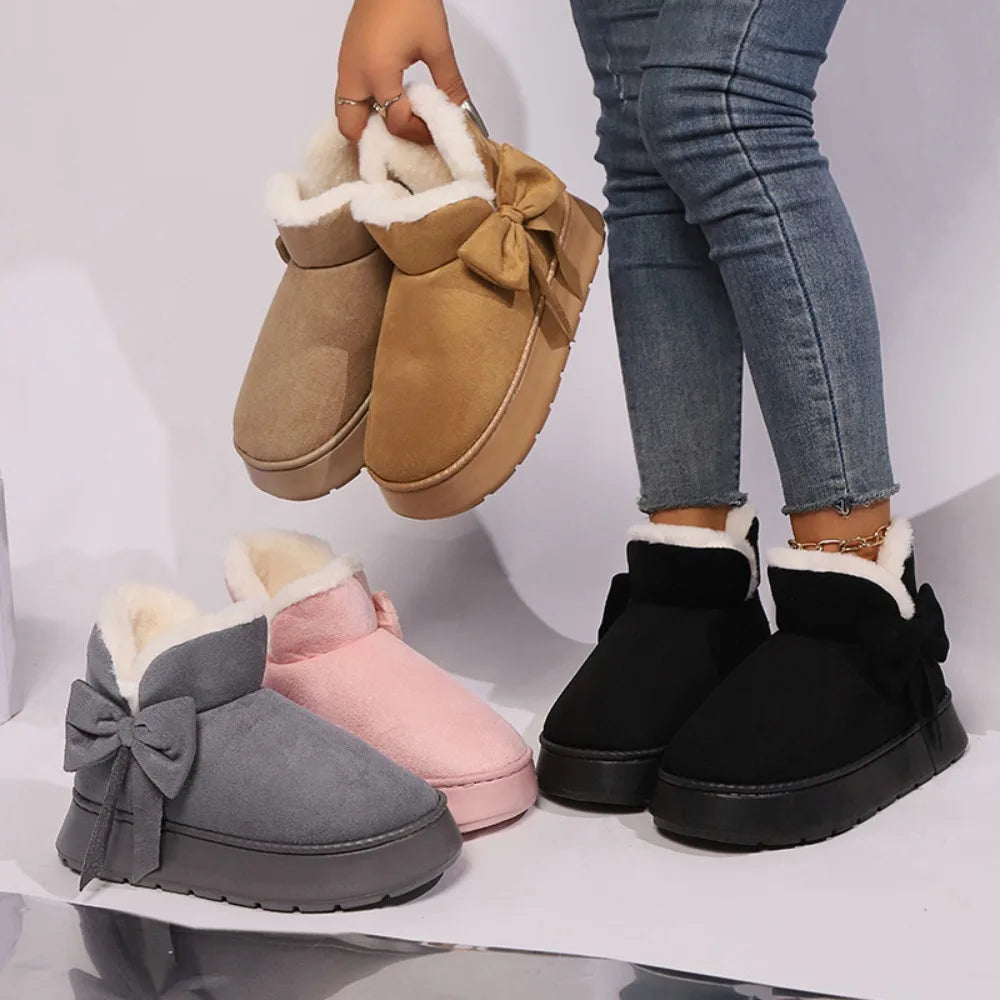 Bow-knot Women's Snow Boots Lining Keep Warm Slip-On Platform Boots Soft Comfortable Winter Shoes