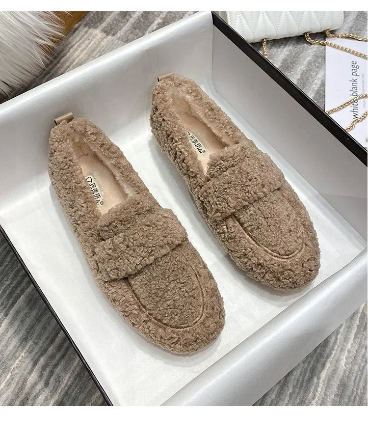 Lambwool Moccasins Femme Curly Sheep Fur Flats Woman Warm Plush Loafers Winter Cotton Shoes Women Furry Snow Boot