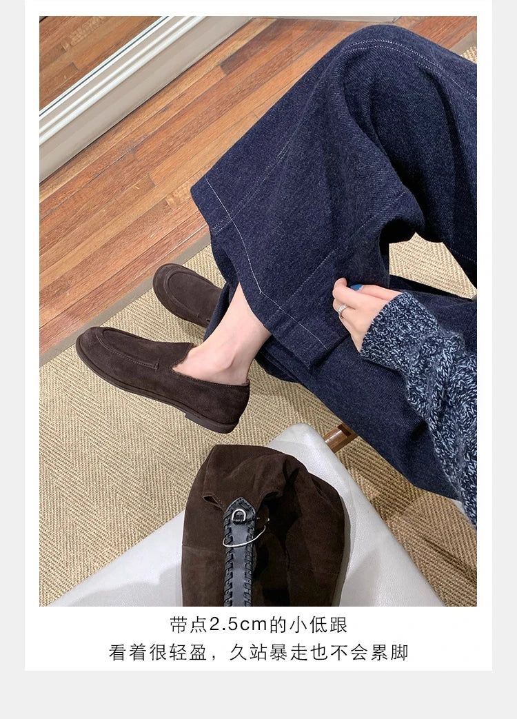 New Suede Leather Loafers Woman Round Toe Slip-on Casual Flat Shoes Wool Warm Winter Shoes Outdoors Walk Shoes Women