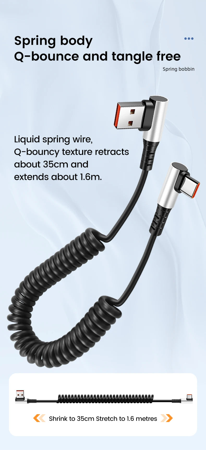 90 Degree Elbow Spring Cable USB Type C 6A Fast Charging 0.35-1.6M Retractable Data USB C To Type C Cable For iphone 15 Android