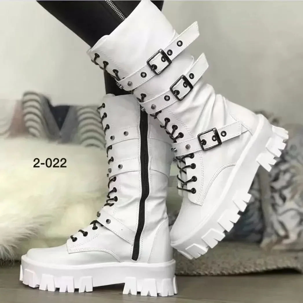 Woman Boots Winter New Pu Leather Platform Fashion Lace Up Punk Gothic Booties Casual Work Shoes Botines Mujer