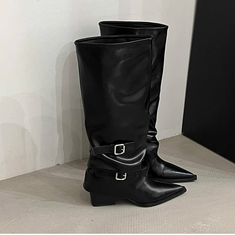 Retro Style Women Knee High Boots Fashion Belt Buckle Shoes Autumn Winter Wedges Heel Women's Knight Long Booties
