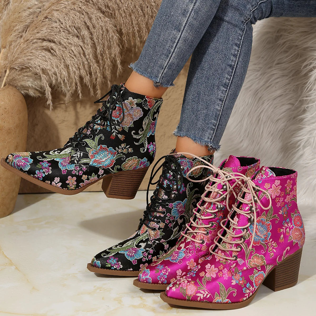 Ethnic Pointed-Toe Ankle Boots for Women Embroidered Platform Heels Fashion Spring Winter Ladies Shoes Botas