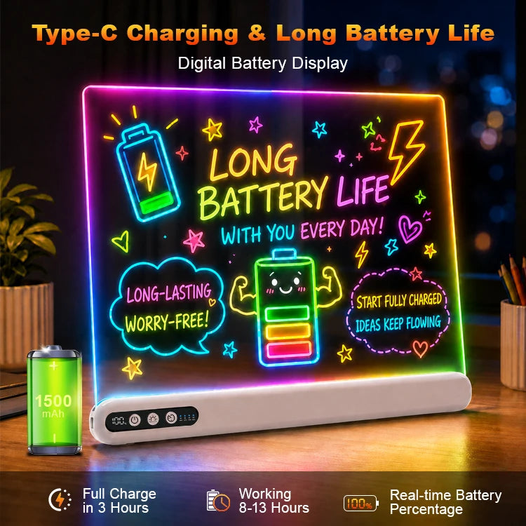 LED Drawing Board for Kids Rechargeable Light-Up Acrylic Neon Board with Timer and Built-in Stand Digital Battery