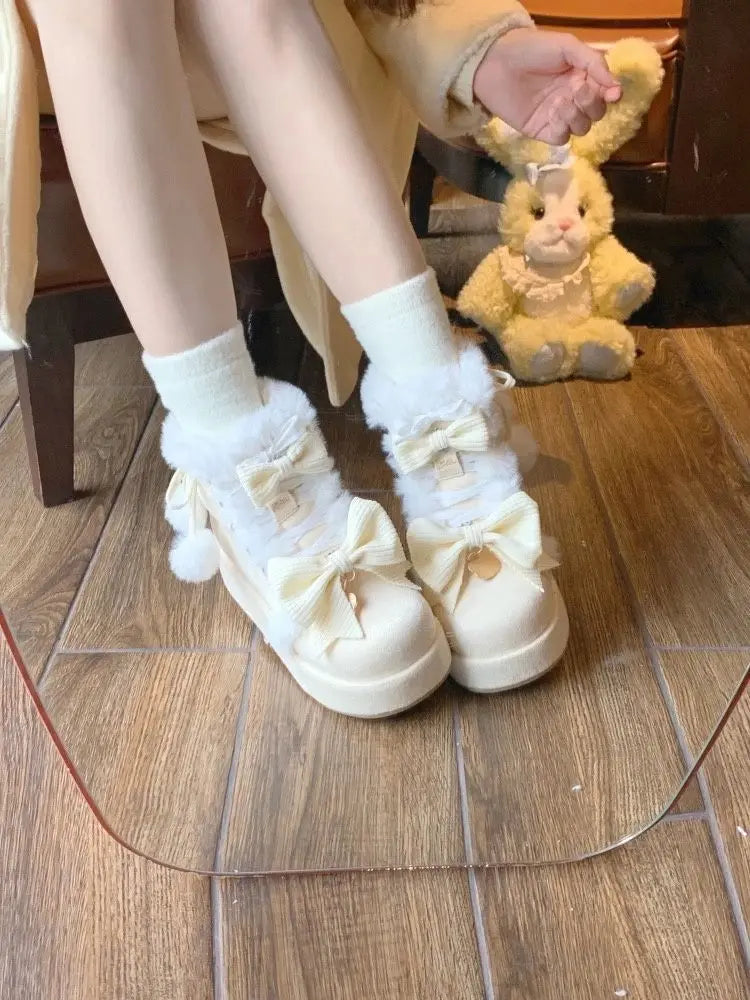Sweet Girls Lolita Winter Snow Boots,Students Cute Plush Warm Bowknots PU Leather Lace Up Heightening Platform Shoes