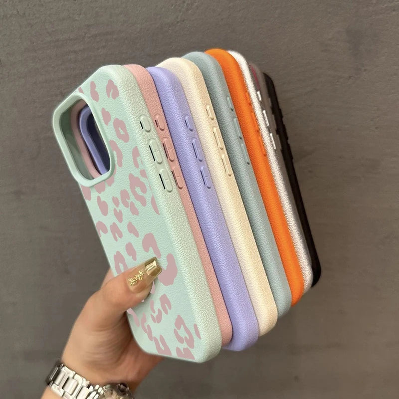 For iPhone 18 17 16 15 14 13 12 11 Pro Max Case Pink Leopard Print Lichee Pattern Silicone Cover For iPhone XS XR 16 Plus Fundas