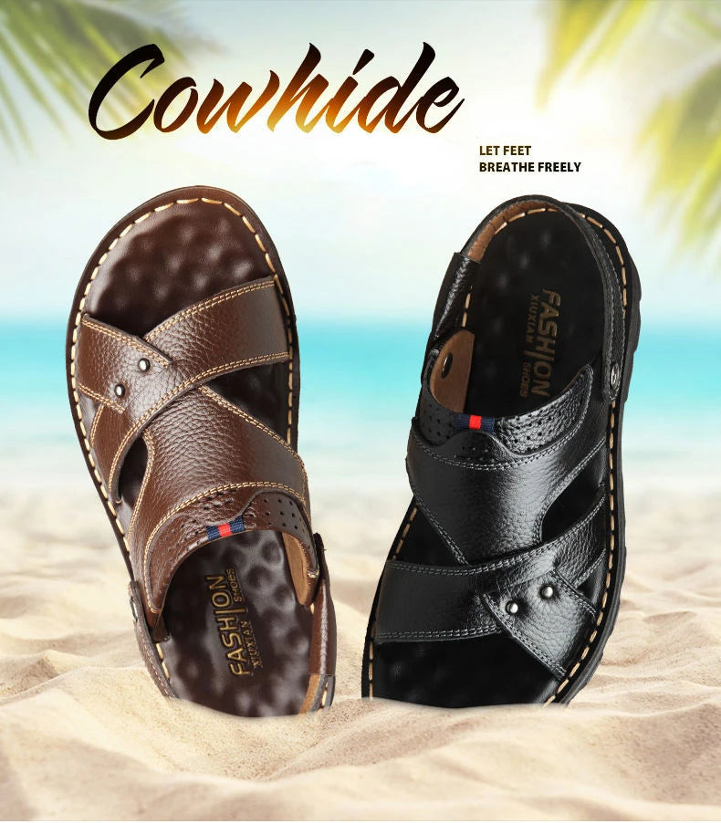 Summer Men Leather Sandals Genuine Leather Non-slip Men Shoes Slippers Outdoor Thick-soled Beach Shoes Comfor Soft Men sandalias