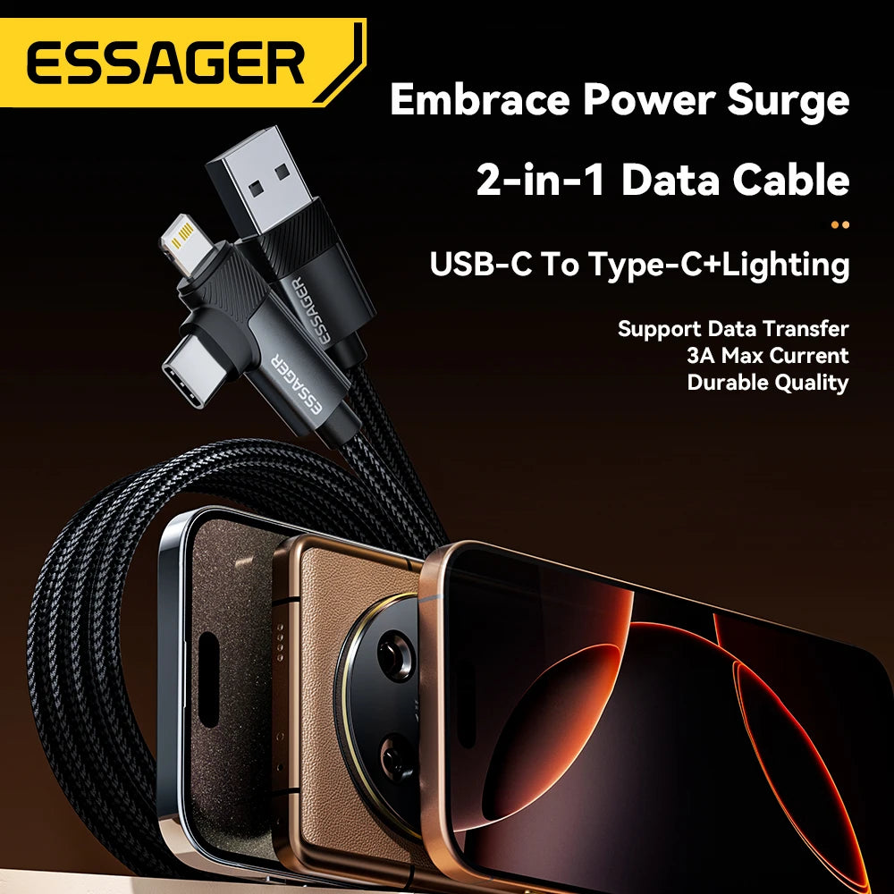 Essager PD 2 in 1 USB A Cable 90 Degree Angle Type C/Lightning Fast Charging Cable For iPhone 16 15 14Pro Max iPad Xiaomi Huawei