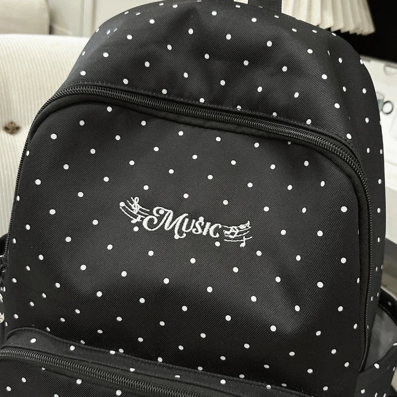 Polka Dot Piano Keyboard Backpack Back-to-school Girl Music Theme Embroidered Nylon Backpack Large Capacity Lightweight Backpack