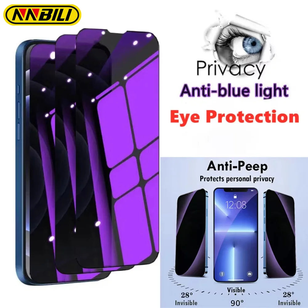 NNBILI 1-3 Pcs Anti Blue Light Privacy Tempered Glass For iPhone 15 16 14 13 17 Pro Max Eye Protection Clear Screen Protector 