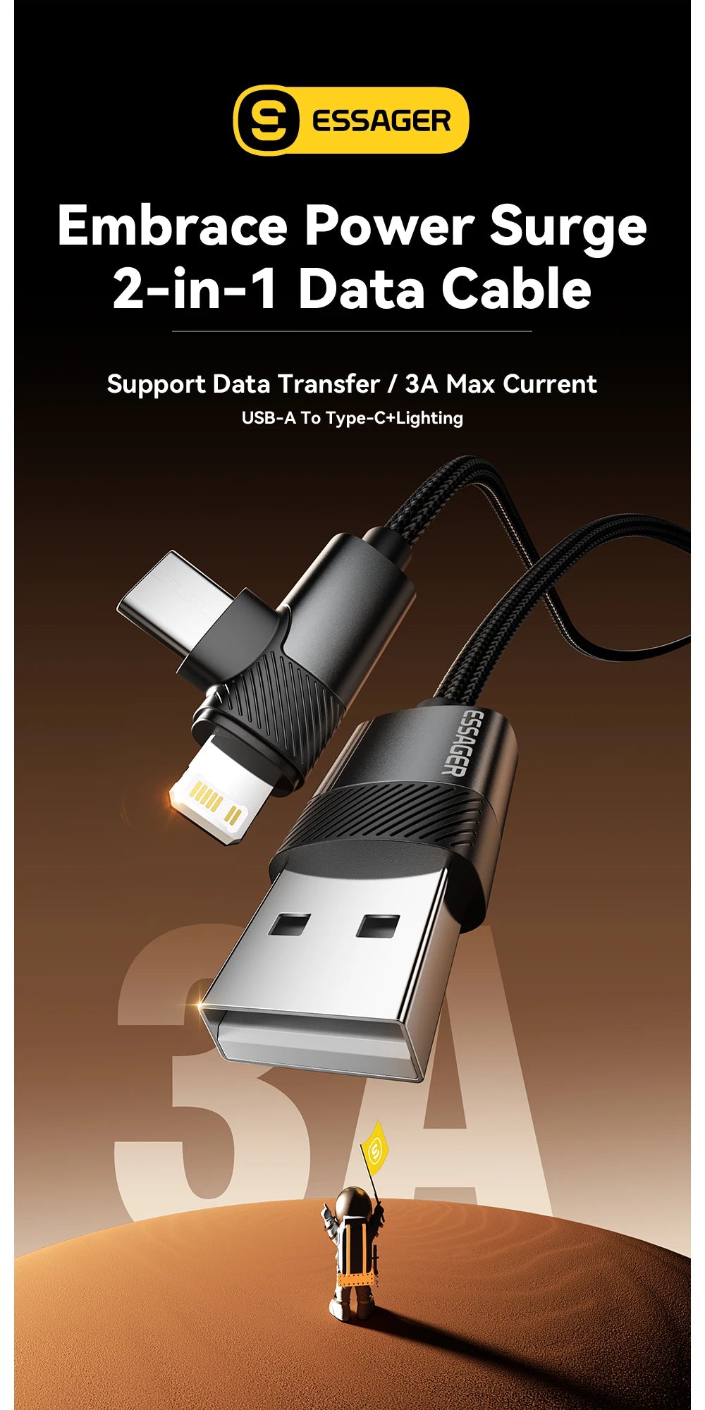 Essager PD 2 in 1 USB A Cable 90 Degree Angle Type C/Lightning Fast Charging Cable For iPhone 16 15 14Pro Max iPad Xiaomi Huawei