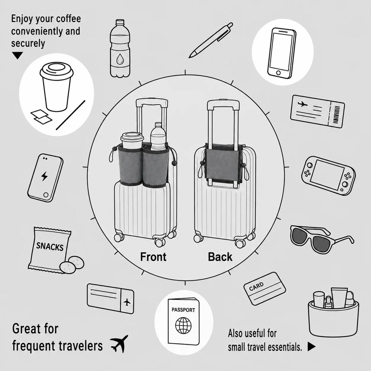 Travel Cup Holder for Suitcase Foldable Luggage Drink Holder Bag with 2 Cup Slots Back Pocket Organizer