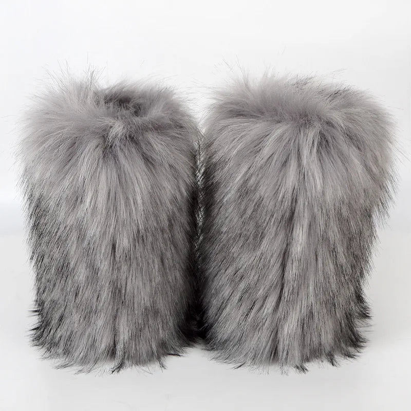 Women's Winter Snow Boots Outdoor Luxury Furry Faux Fox Fur Boots Woman Plush Warm Platform Shoes New Fashion Bottes Big Size 46
