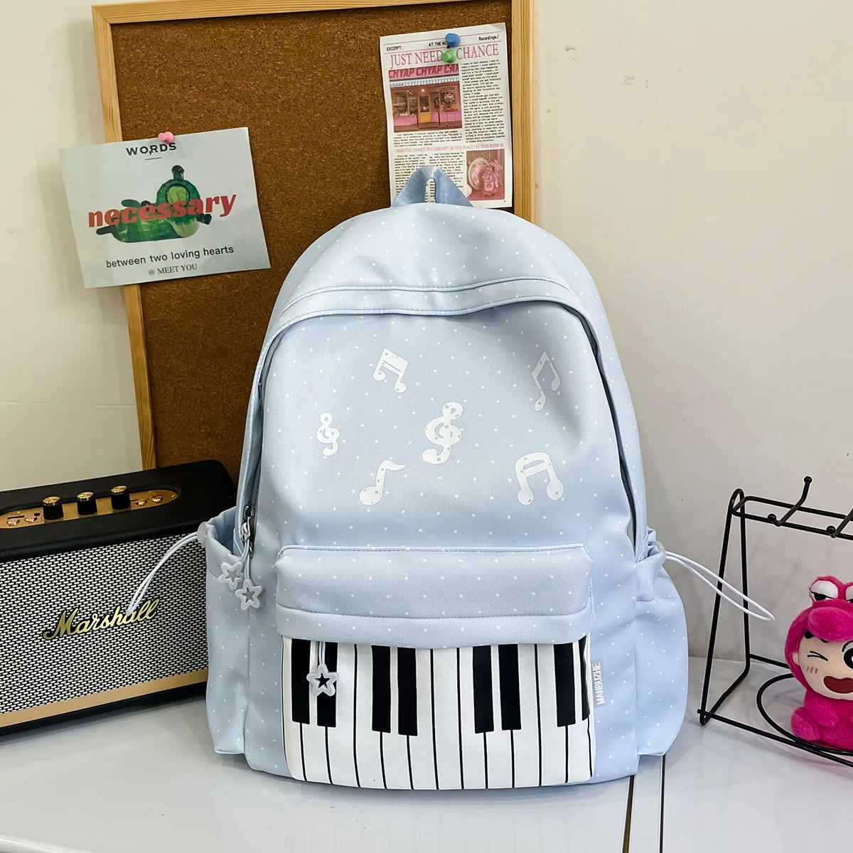 Polka Dot Piano Keyboard Backpack Back-to-school Girl Music Theme Embroidered Nylon Backpack Large Capacity Lightweight Backpack