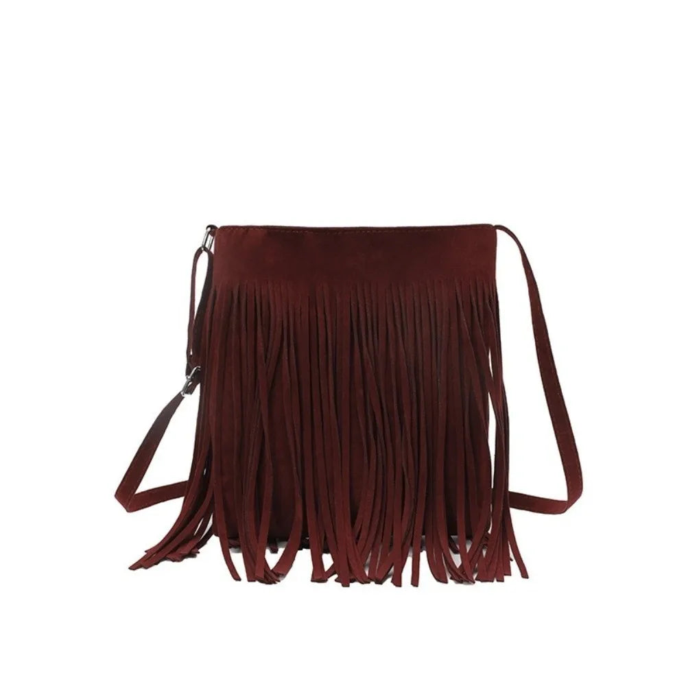 Fashion Suede Fringe Crossbody Bag Large Capacity Solid Color Shoulder Bag Boho Style Adjustable Shoulder Strap Bucket Bag Women