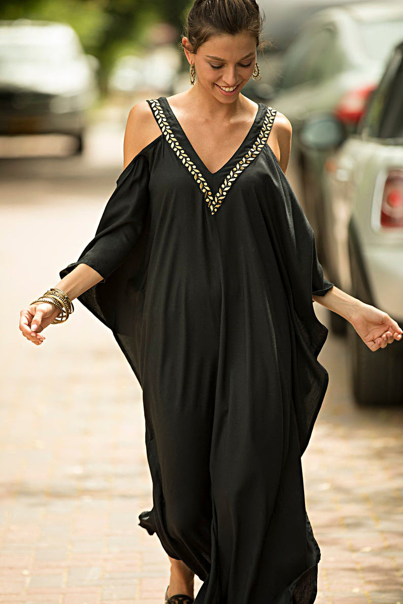European and American New V Neck Gold Edge Off-Shoulder Beach Skirt Loose Large Size Vacation Long Skirt Bikini Cover-Up Sun Protection Clothing
