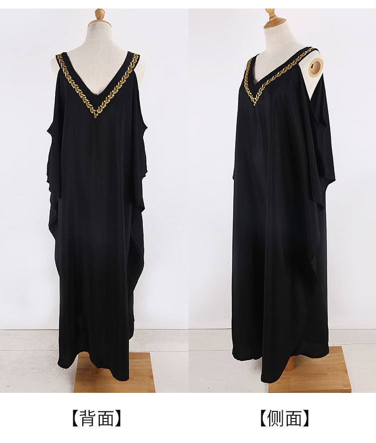 European and American New V Neck Gold Edge Off-Shoulder Beach Skirt Loose Large Size Vacation Long Skirt Bikini Cover-Up Sun Protection Clothing