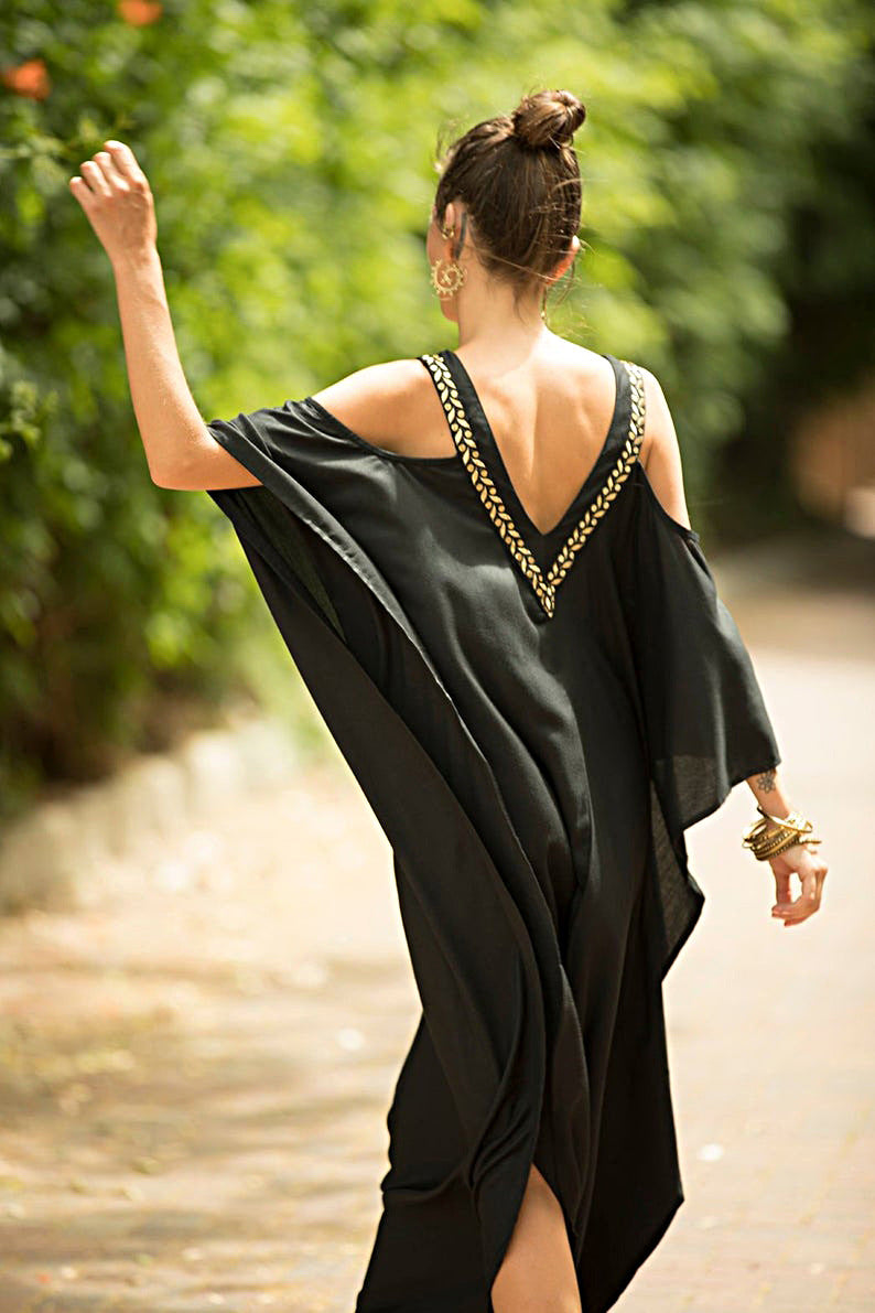 European and American New V Neck Gold Edge Off-Shoulder Beach Skirt Loose Large Size Vacation Long Skirt Bikini Cover-Up Sun Protection Clothing