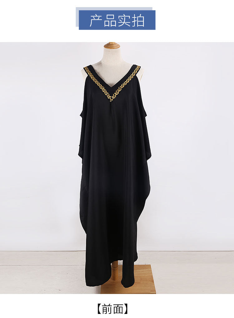 European and American New V Neck Gold Edge Off-Shoulder Beach Skirt Loose Large Size Vacation Long Skirt Bikini Cover-Up Sun Protection Clothing