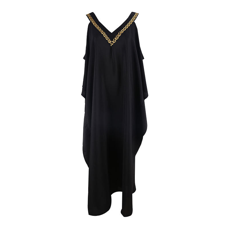 European and American New V Neck Gold Edge Off-Shoulder Beach Skirt Loose Large Size Vacation Long Skirt Bikini Cover-Up Sun Protection Clothing