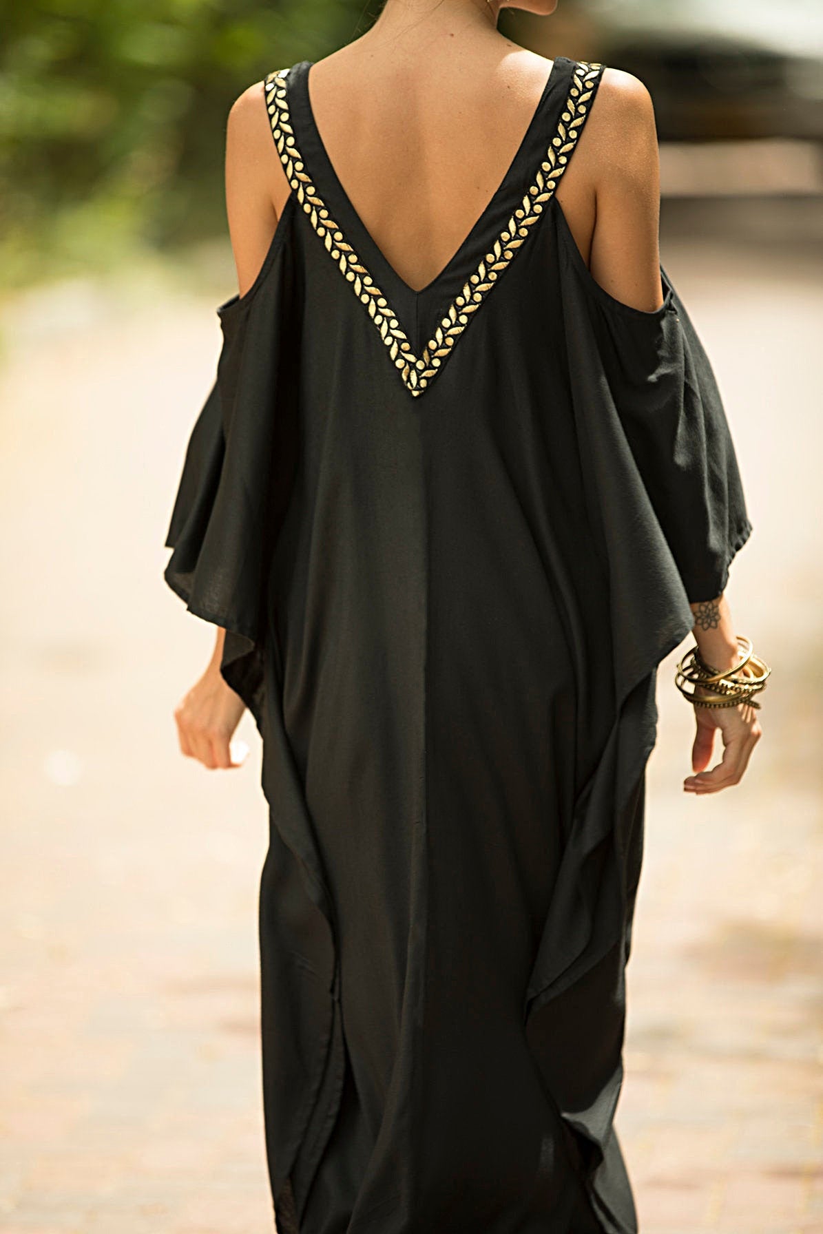 European and American New V Neck Gold Edge Off-Shoulder Beach Skirt Loose Large Size Vacation Long Skirt Bikini Cover-Up Sun Protection Clothing
