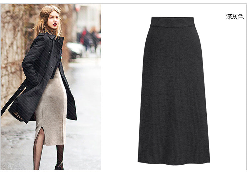 Skirt women's slimming mid-length plus size woolen skirt split hip skirt one-step skirt high waist long skirt 75cm