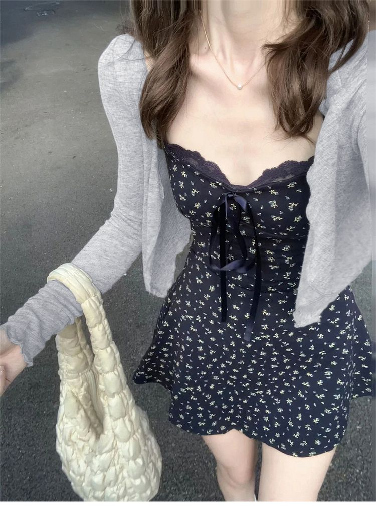 Women's Bodycon Navy Floral Camisole Dress And Plain Knit Cardigan Set Petite Slim Fit Fall Outfit Chic Vacation Cover-Up Spring