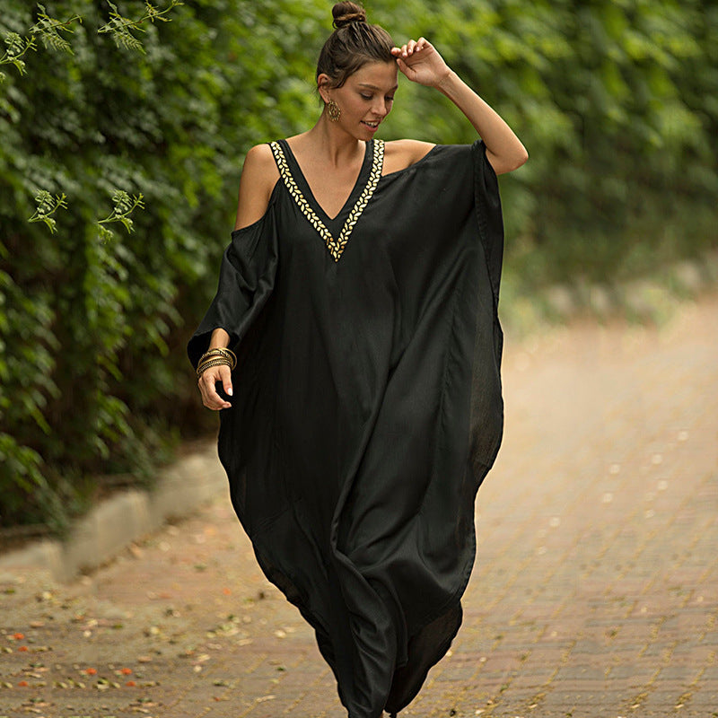 European and American New V Neck Gold Edge Off-Shoulder Beach Skirt Loose Large Size Vacation Long Skirt Bikini Cover-Up Sun Protection Clothing