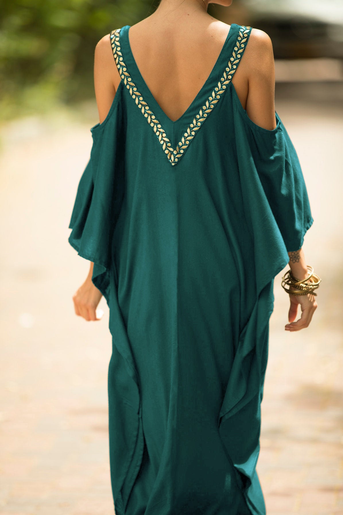 European and American New V Neck Gold Edge Off-Shoulder Beach Skirt Loose Large Size Vacation Long Skirt Bikini Cover-Up Sun Protection Clothing