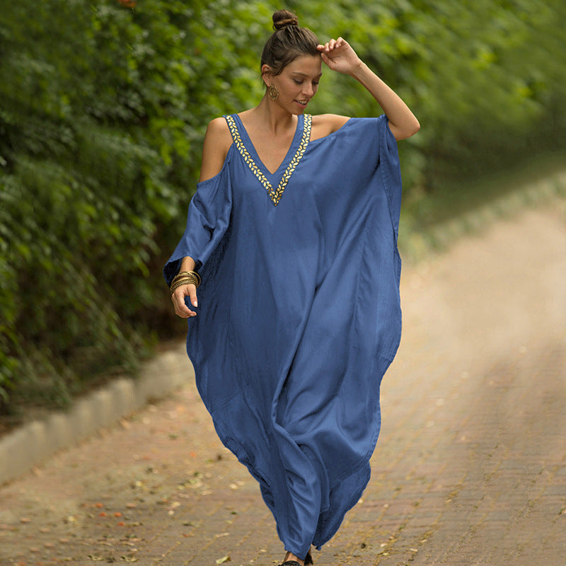 European and American New V Neck Gold Edge Off-Shoulder Beach Skirt Loose Large Size Vacation Long Skirt Bikini Cover-Up Sun Protection Clothing
