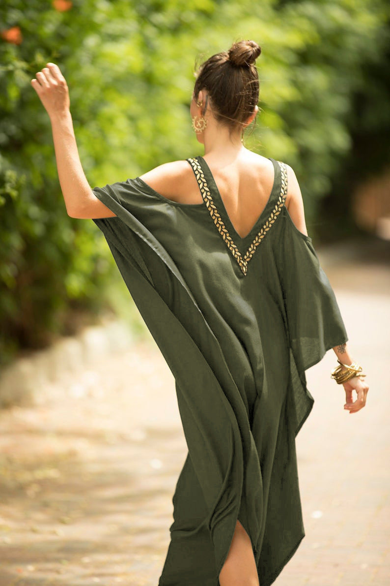 European and American New V Neck Gold Edge Off-Shoulder Beach Skirt Loose Large Size Vacation Long Skirt Bikini Cover-Up Sun Protection Clothing