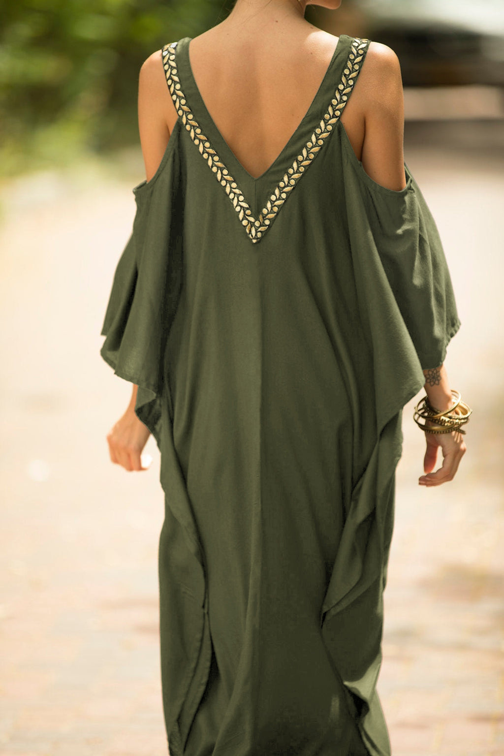 European and American New V Neck Gold Edge Off-Shoulder Beach Skirt Loose Large Size Vacation Long Skirt Bikini Cover-Up Sun Protection Clothing