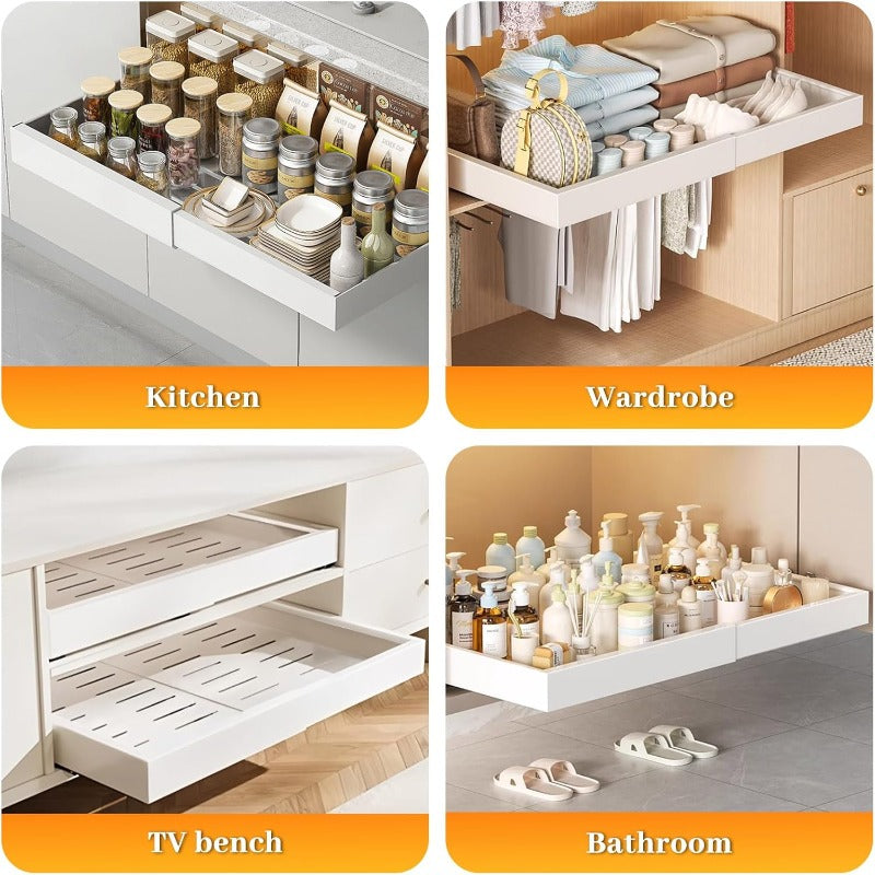 Expandable Pull Out Cabinet Organizer Rack, Adjustable Sliding Drawer Storage Basket , Pantry and Kitchen Cabinet Organizer