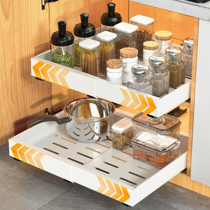 Expandable Pull Out Cabinet Organizer Rack, Adjustable Sliding Drawer Storage Basket , Pantry and Kitchen Cabinet Organizer