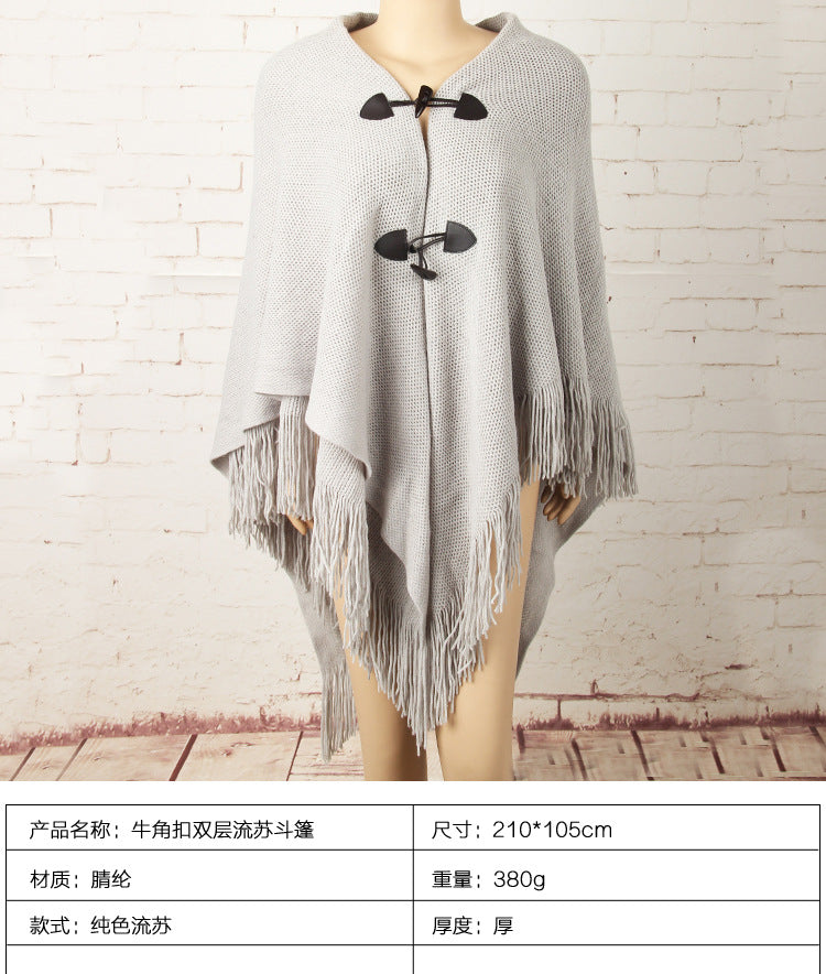 Autumn and Winter New Shawl Cloak Tassel Horn Button Pure Color Asymmetrical Double Layer Tassel Cloak Shawl Warm and Thickeneded