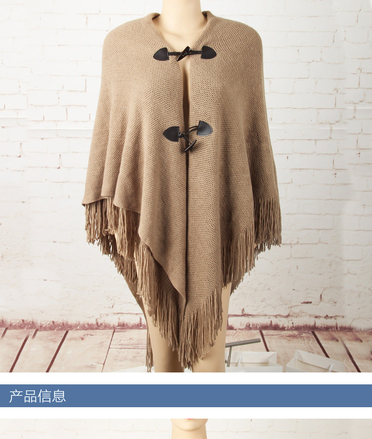 Autumn and Winter New Shawl Cloak Tassel Horn Button Pure Color Asymmetrical Double Layer Tassel Cloak Shawl Warm and Thickeneded