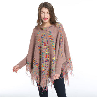 Autumn and Winter New Shawl Cloak Tassel Horn Button Pure Color Asymmetrical Double Layer Tassel Cloak Shawl Warm and Thickeneded