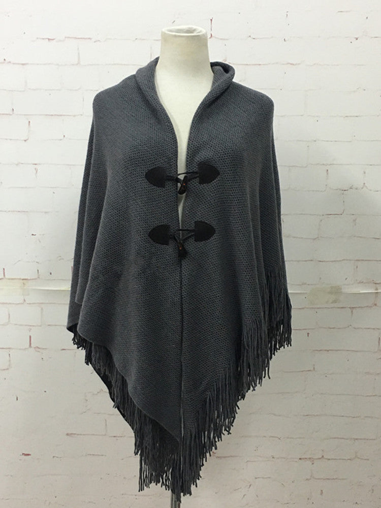 Autumn and Winter New Shawl Cloak Tassel Horn Button Pure Color Asymmetrical Double Layer Tassel Cloak Shawl Warm and Thickeneded