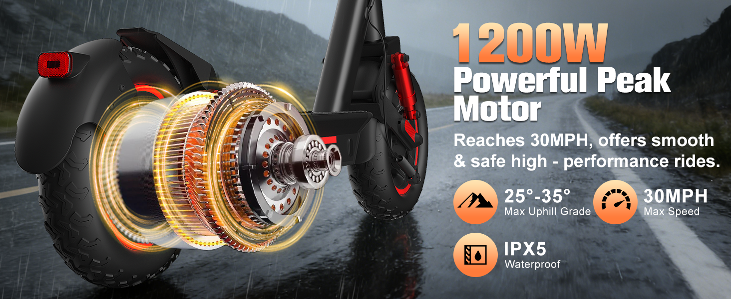 1200W Off-Road Electric Scooter for Adults 48V Long Range 30mph Fast Speed 10'' Pneumatic Tire Foldable Dual Suspensions Scooter