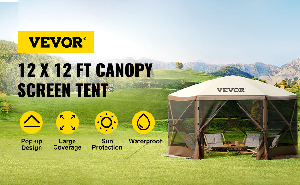 SucceBuy Pop-up Camping Gazebo Camping Canopy Shelter 6 Sided 12' x 12' / 10' x 10' Sun Shade Tents & Canopies Camping & Hiking