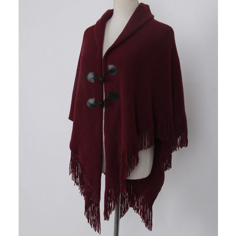 Autumn and Winter New Shawl Cloak Tassel Horn Button Pure Color Asymmetrical Double Layer Tassel Cloak Shawl Warm and Thickeneded