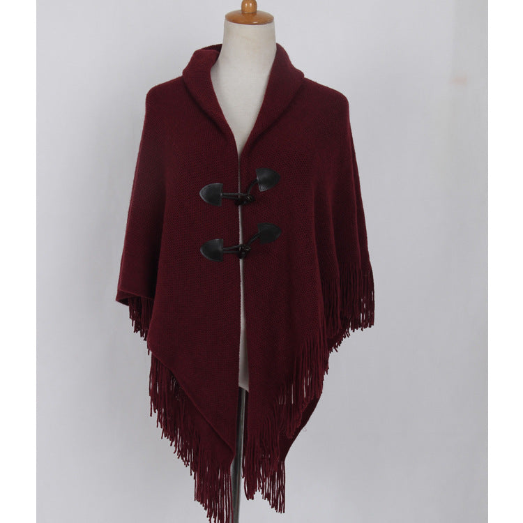 Autumn and Winter New Shawl Cloak Tassel Horn Button Pure Color Asymmetrical Double Layer Tassel Cloak Shawl Warm and Thickeneded