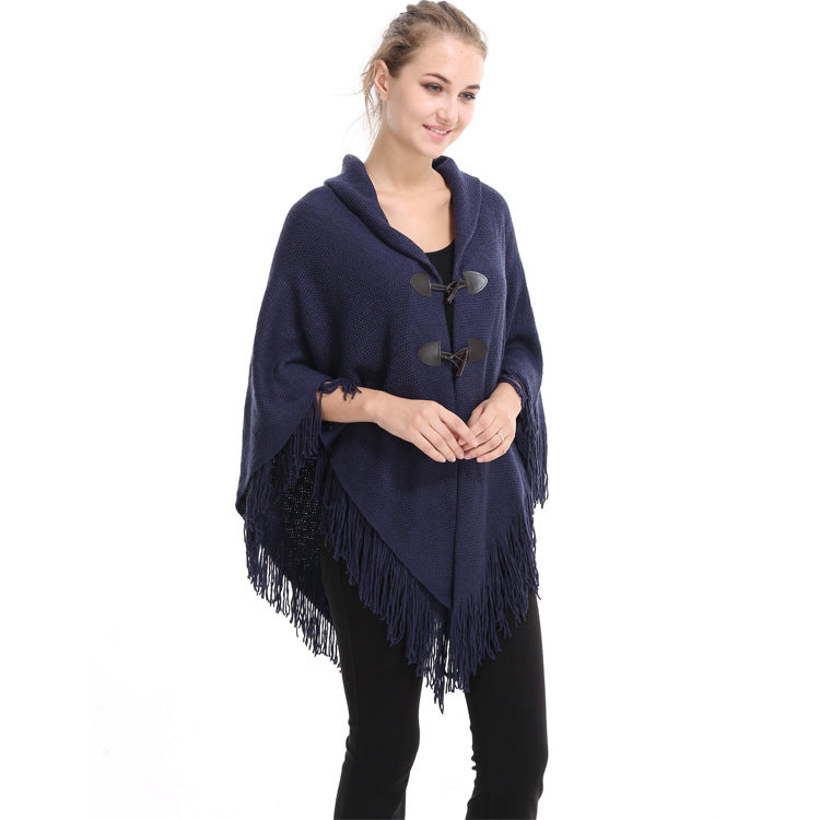 Autumn and Winter New Shawl Cloak Tassel Horn Button Pure Color Asymmetrical Double Layer Tassel Cloak Shawl Warm and Thickeneded