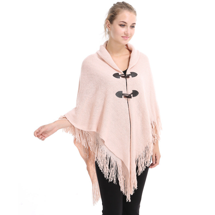 Autumn and Winter New Shawl Cloak Tassel Horn Button Pure Color Asymmetrical Double Layer Tassel Cloak Shawl Warm and Thickeneded