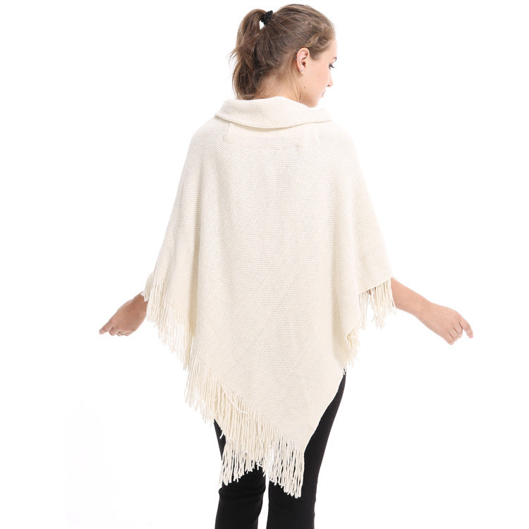Autumn and Winter New Shawl Cloak Tassel Horn Button Pure Color Asymmetrical Double Layer Tassel Cloak Shawl Warm and Thickeneded