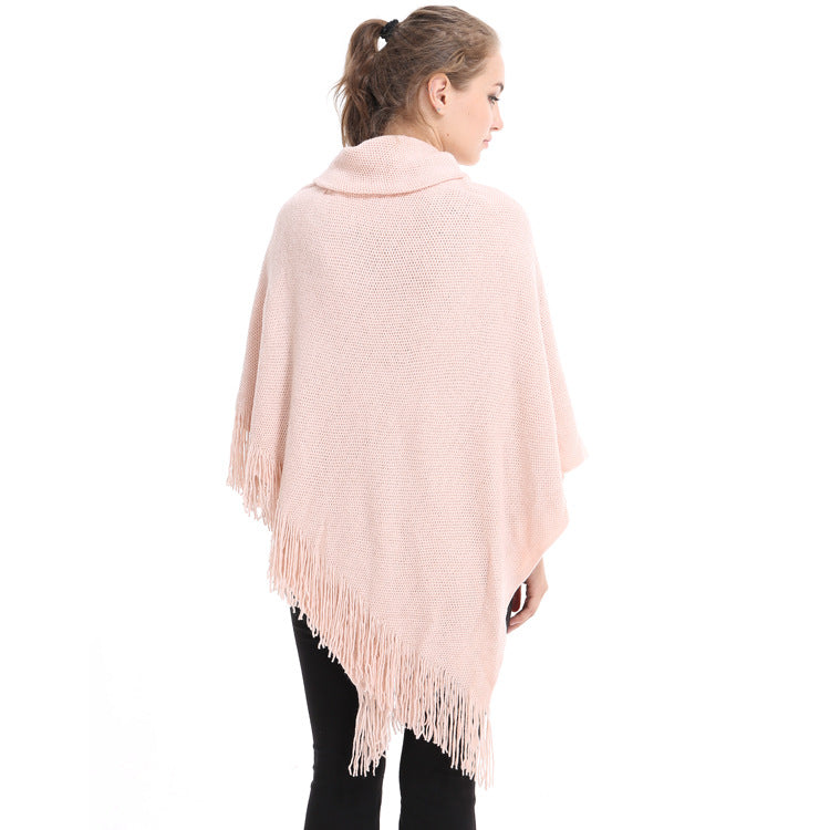 Autumn and Winter New Shawl Cloak Tassel Horn Button Pure Color Asymmetrical Double Layer Tassel Cloak Shawl Warm and Thickeneded