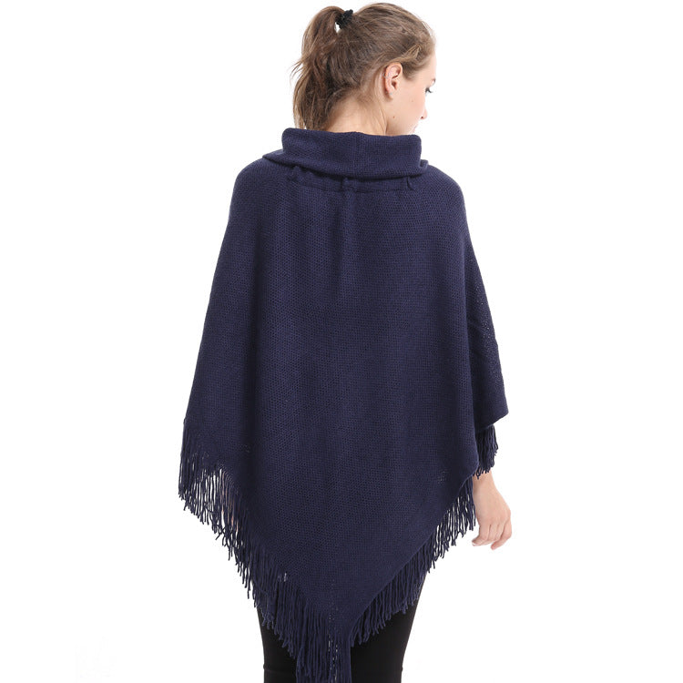 Autumn and Winter New Shawl Cloak Tassel Horn Button Pure Color Asymmetrical Double Layer Tassel Cloak Shawl Warm and Thickeneded