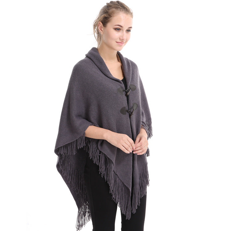 Autumn and Winter New Shawl Cloak Tassel Horn Button Pure Color Asymmetrical Double Layer Tassel Cloak Shawl Warm and Thickeneded